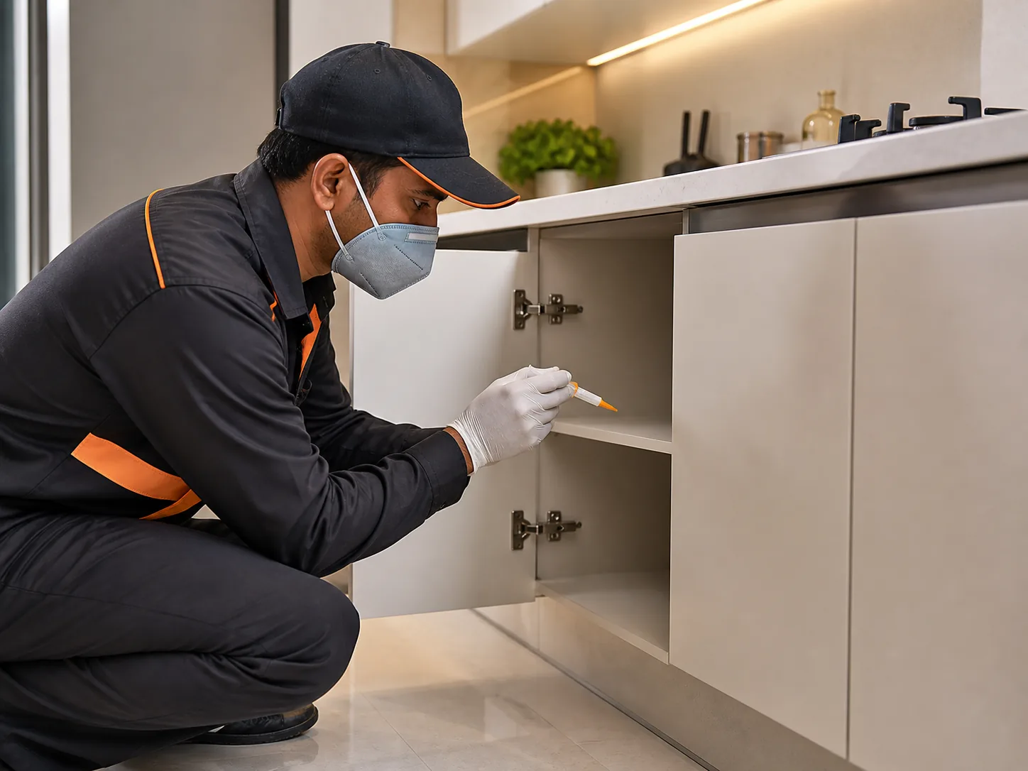 Technician applying pest control gel inside a kitchen cabinet