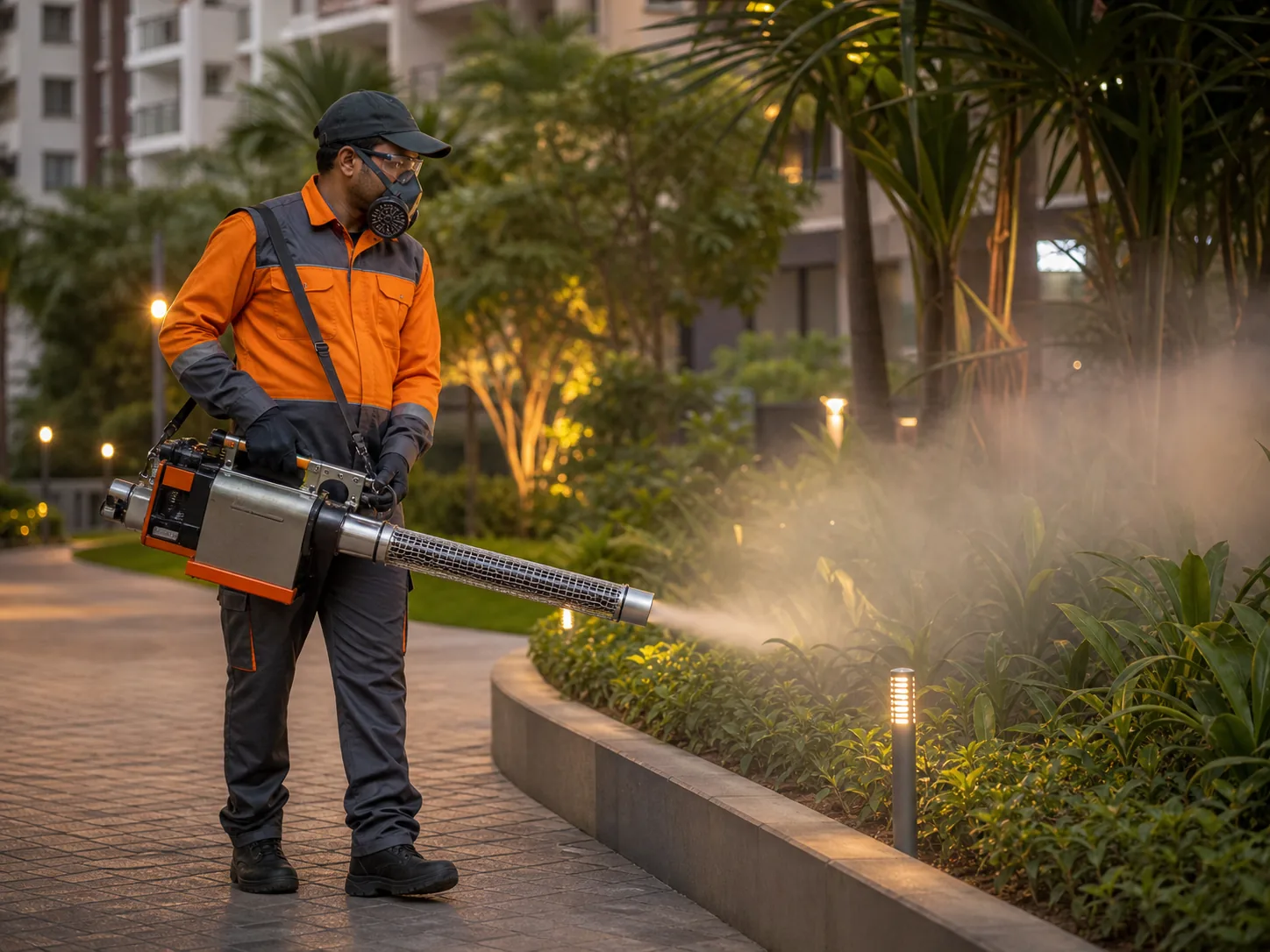 Outdoor mosquito fogging by a trained technician