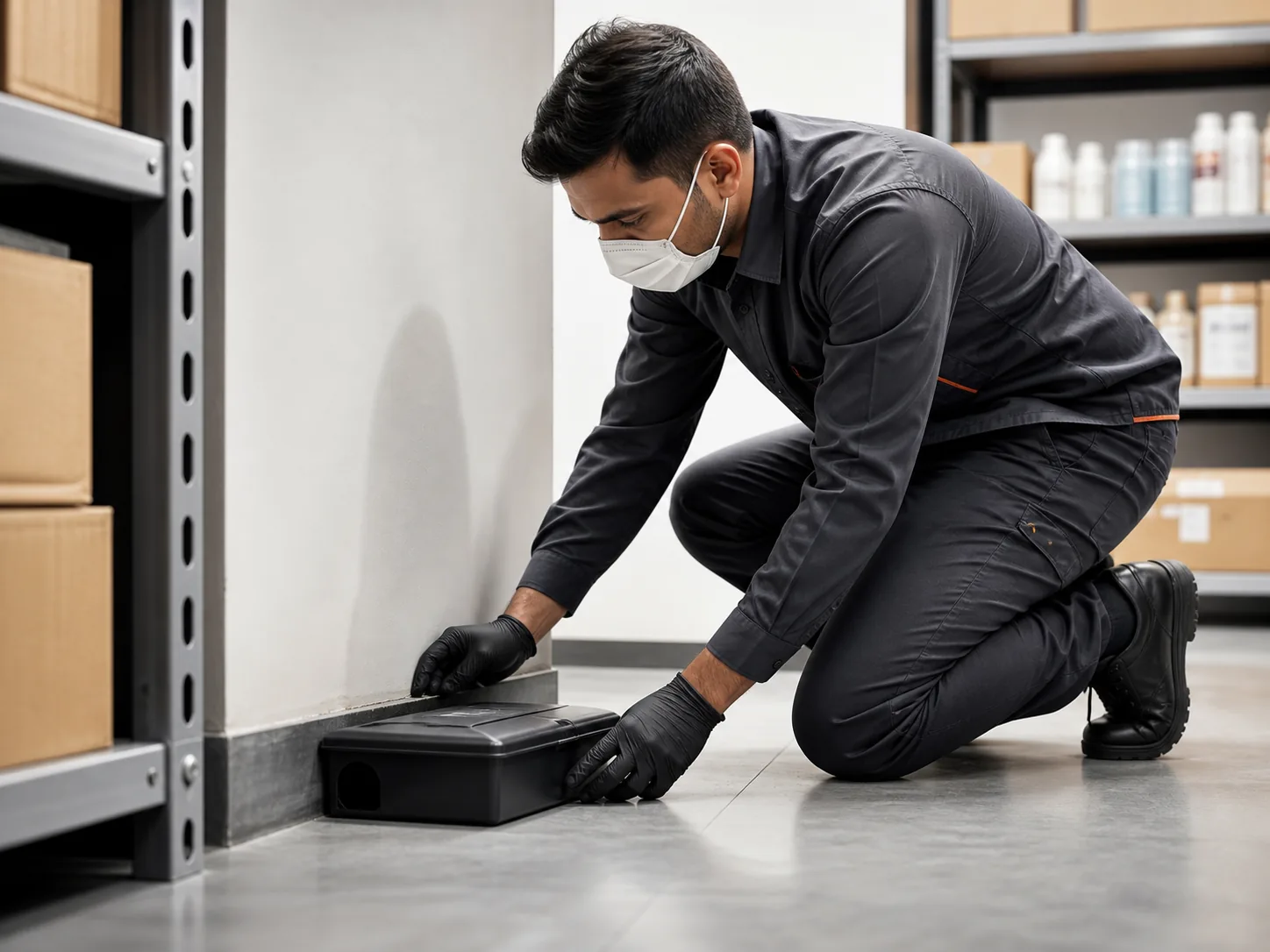 Technician installing a tamper-resistant rodent bait station