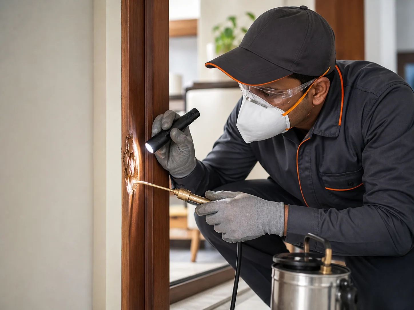 Technician inspecting a wooden door frame for termite activity