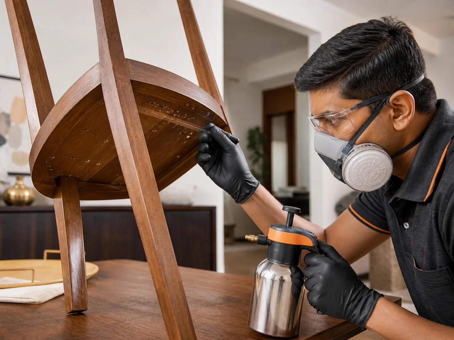 Technician inspecting wooden furniture for wood borer signs